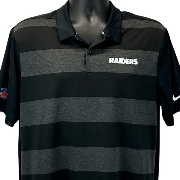 Las Vegas Raiders Polo Shirt Black Striped NFL On Field SS Nike Dri Fit L Large - Picture 1 of 10